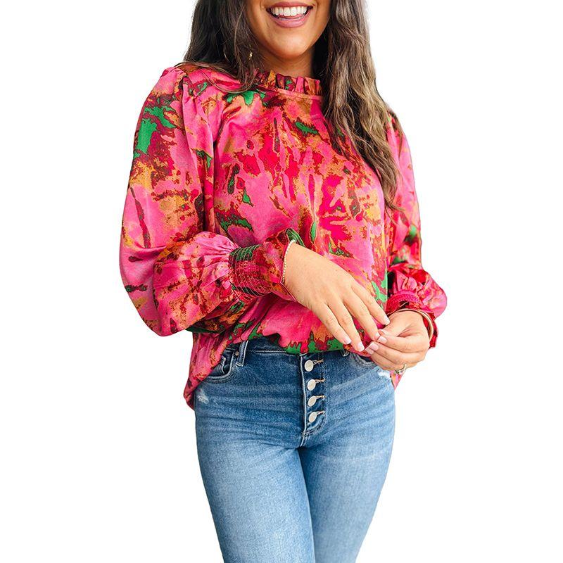 

American Shiying Work Clothing Ruched Stand Collar Chiffon Shirt for Women 2025 Fall New Arrival Color Contrast Patchwork Long Sleeves Tops Rose Red S code fits (45.00 kg-55.00 kg