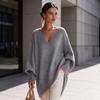 Women V Neck Loose Sweater Mid Length Long Sleeve Cozy Knit Top Fall Winter