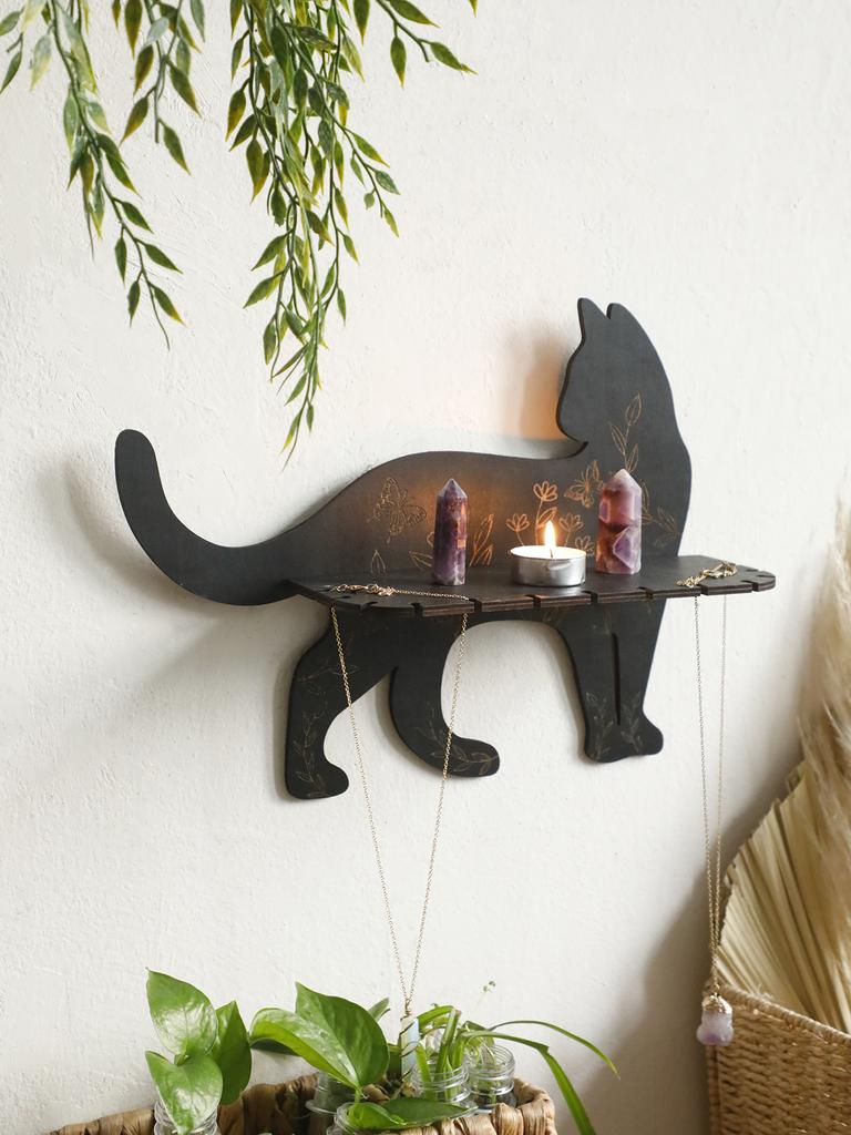 1Pc Black Cat Wall Shelves with Flower Pattern, Floating Wall Shelf, for Placing Crystals, Essential Oils Aromatherapy Stones