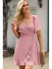 2026 V-Neck Solid Color Ruffle Summer Dress for Women - Stylish Waist-cinching European and American Fashion
