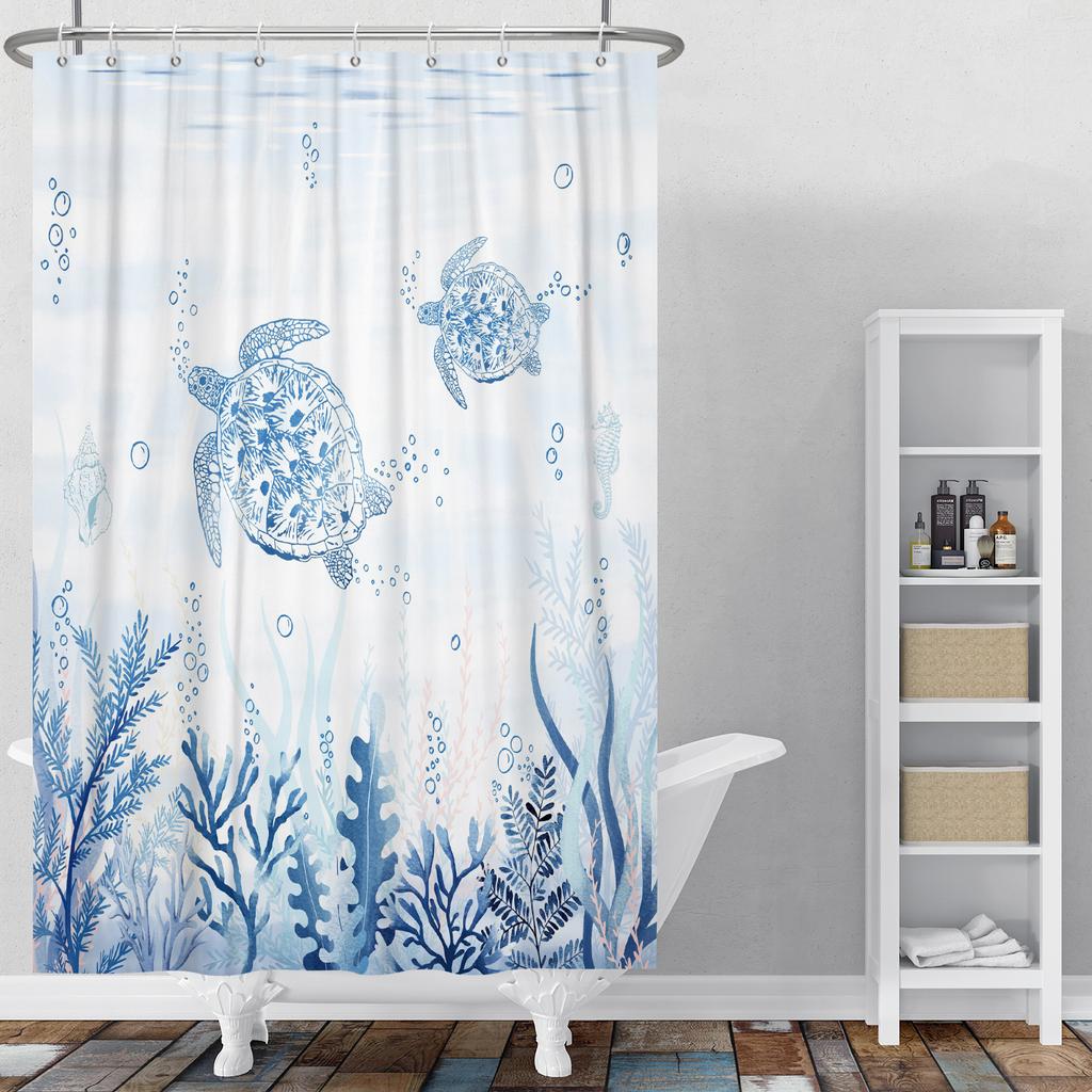 Marine Life  Shower Curtain Turtle Shells Starfish Anchor Ocean Style With Hooks Bathroom Decor Curtain Waterproof Sea Theme