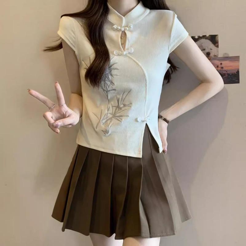Top da donna in bambù ricamato stile qipao manica corta colletto alla mandarino spacco laterale casual aderente maglia blusa