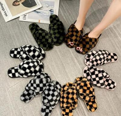 Autumn Winter Women'S Outer Wear Flat-Bottom Sandals Indoor Warm Fluffy Slippers Plaid Comfortable Cross Bunny Fur Slippers