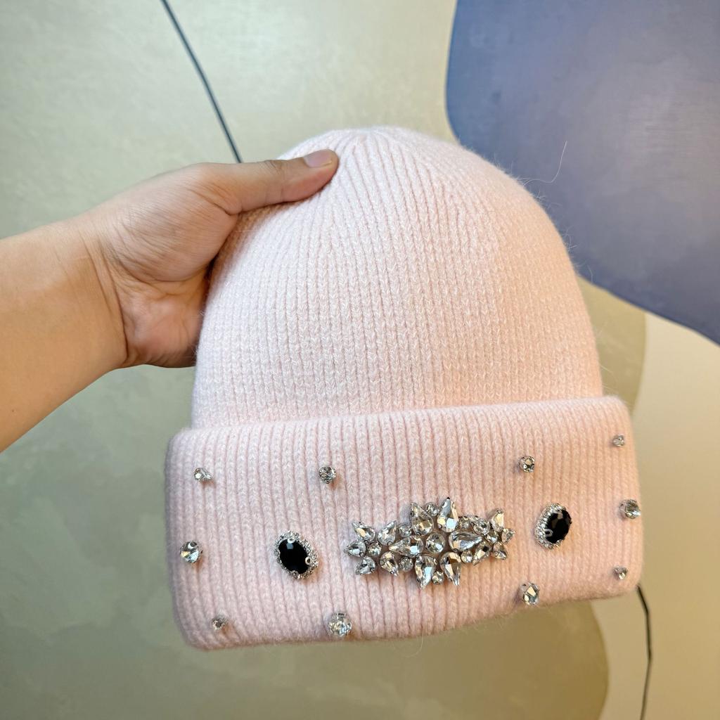 Light Luxury Rhinestone Rabbit Fur Beanie Women's Autumn and Winter White Knitted Hat Big Head Circumference Showing Face Small Baotou Cold Hat Trend