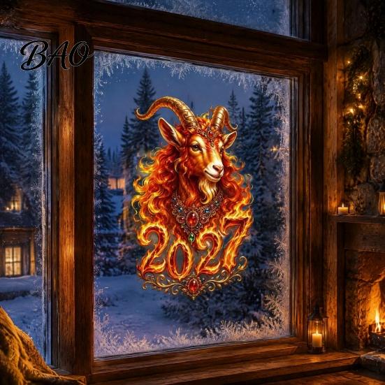 Winter Festival Glass Decor Chinese New Year Window Sticker, 2027 Goat Static Clings, Decoration for Home Reusable Lunar Xmas Shop PVC Clings Windows