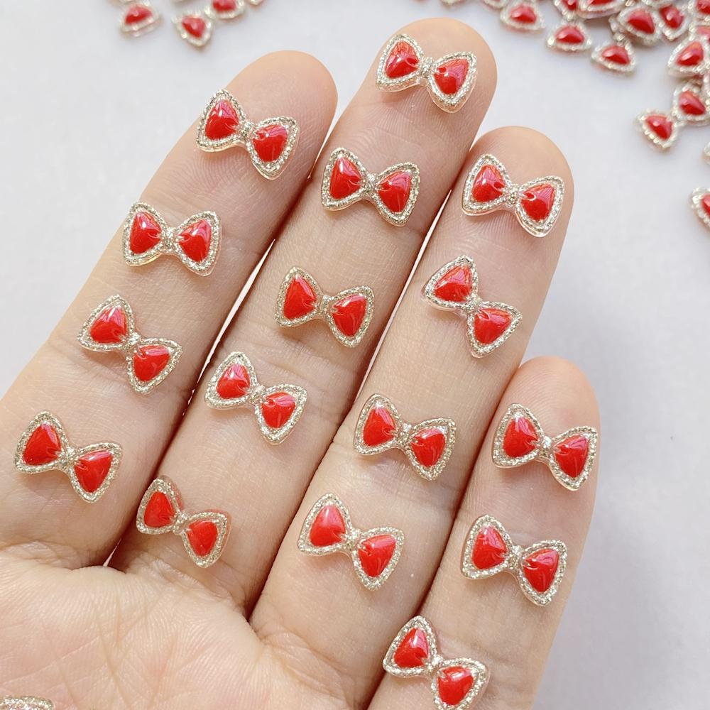 50Pcs Cute Cartoon Mini The Red Bow Nail Art Resin Designer Charms DIY Craft For Nail 3D Decorations Jewelry