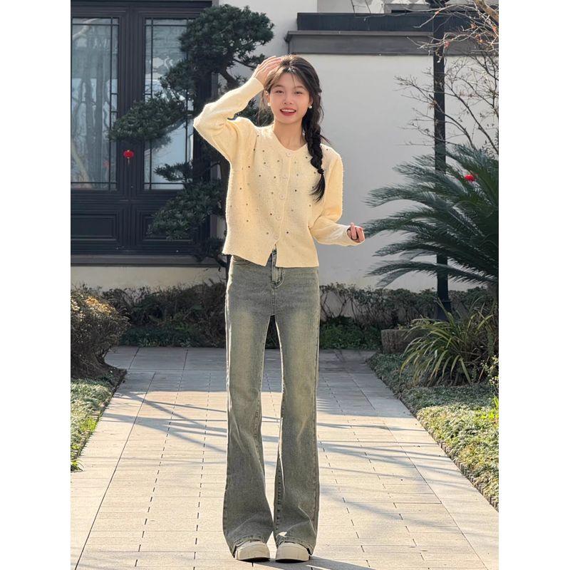 

Ретро Цвет Ранняя Весна Преппи Стиль Вязаный Кардиган Горячая Отделка Beige White S [Recommendation 70/45.00kg]]