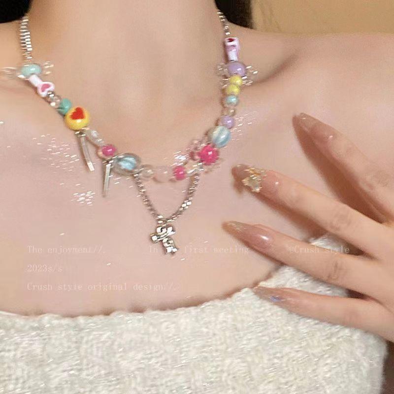 Candy Sweetheart Tide Niche Design Sense Sweet Necklace Female Color Beaded Childlike Collarbone Chain Bracelet