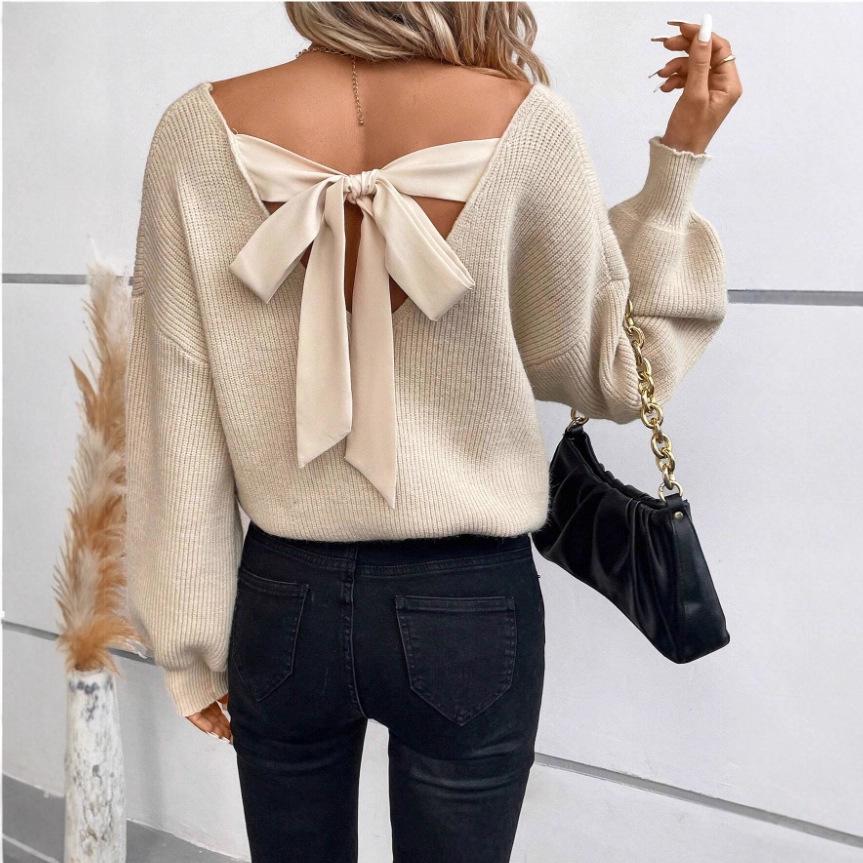 European & American Women's V-neck Solid Color Autumn Sweater - Loose Fit, Long Sleeve with Bow Detail