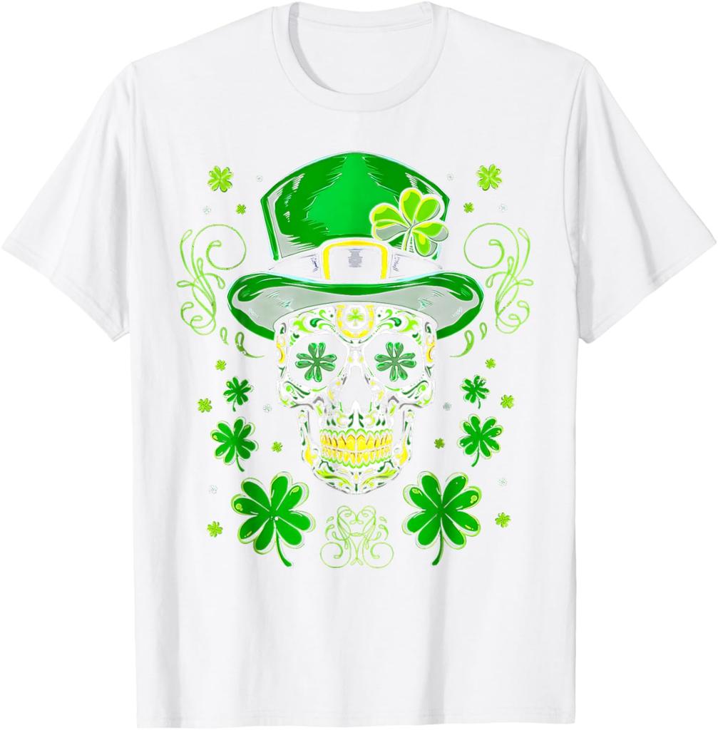 Sugar Skull Leprechaun Hat St Patrick Day Graphic Tee Cotton Short Sleeve Casual T-Shirt for Men