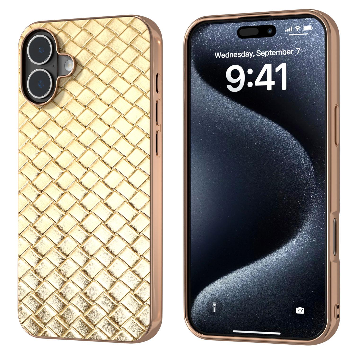 For iPhone 16 Plus Case Woven Texture Electroplating Edge Leather Coated PC+TPU Phone Cover A