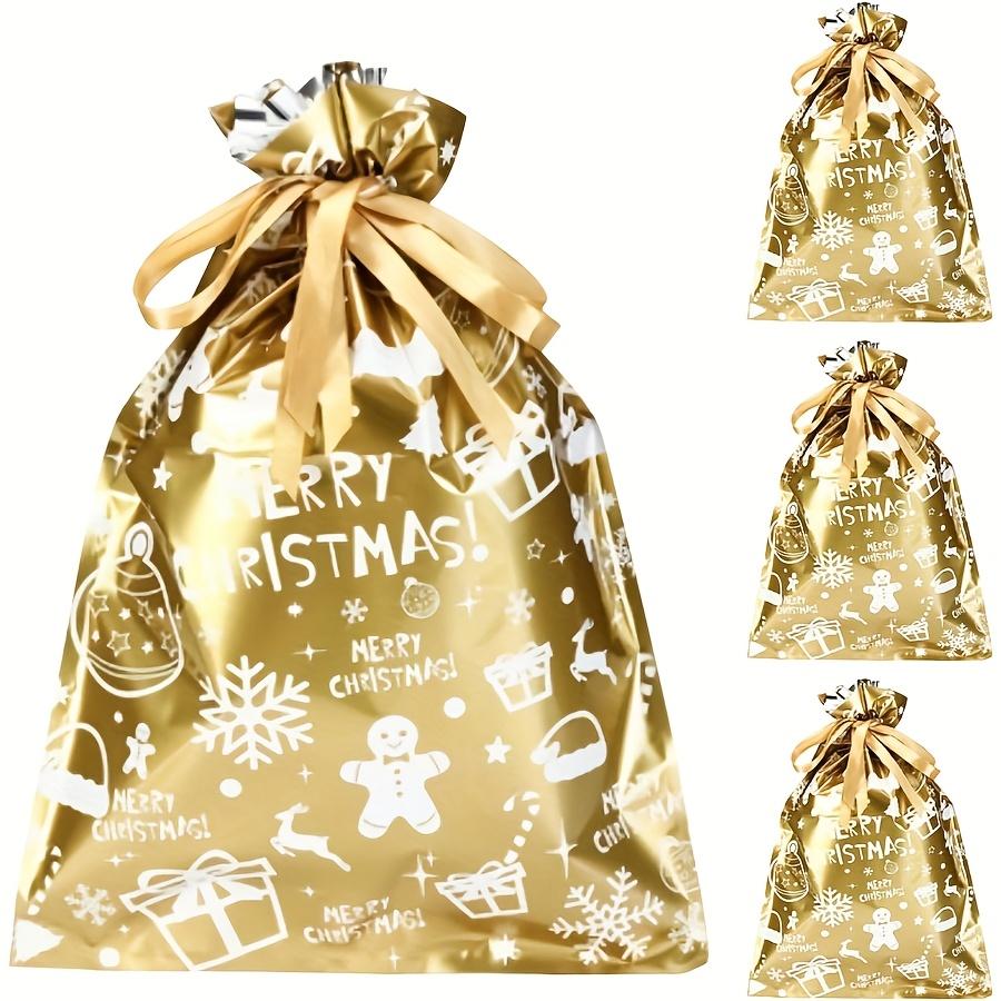 Christmas Drawstring Bags - 4pcs Large Size 29 * 43cm Xmas Gift Wrapping Bags, Green with White Snowflake and Bell, Christmas Tree for Party