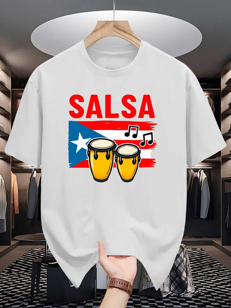 Unisex Crew Neck Tee Salsa Drum Puerto Rico Flag Music Note Print Soft Cotton Loose Short Sleeve Summer Casual Male Streetwear Tops