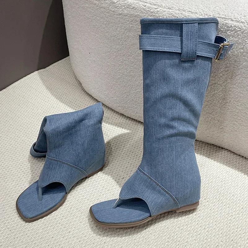 Knee High Women Cowboy Flip Flop Cool Boots Sandals Clip Toe Designer Flats Denim Blue Shoes Autumn Fashion Chaussure Female