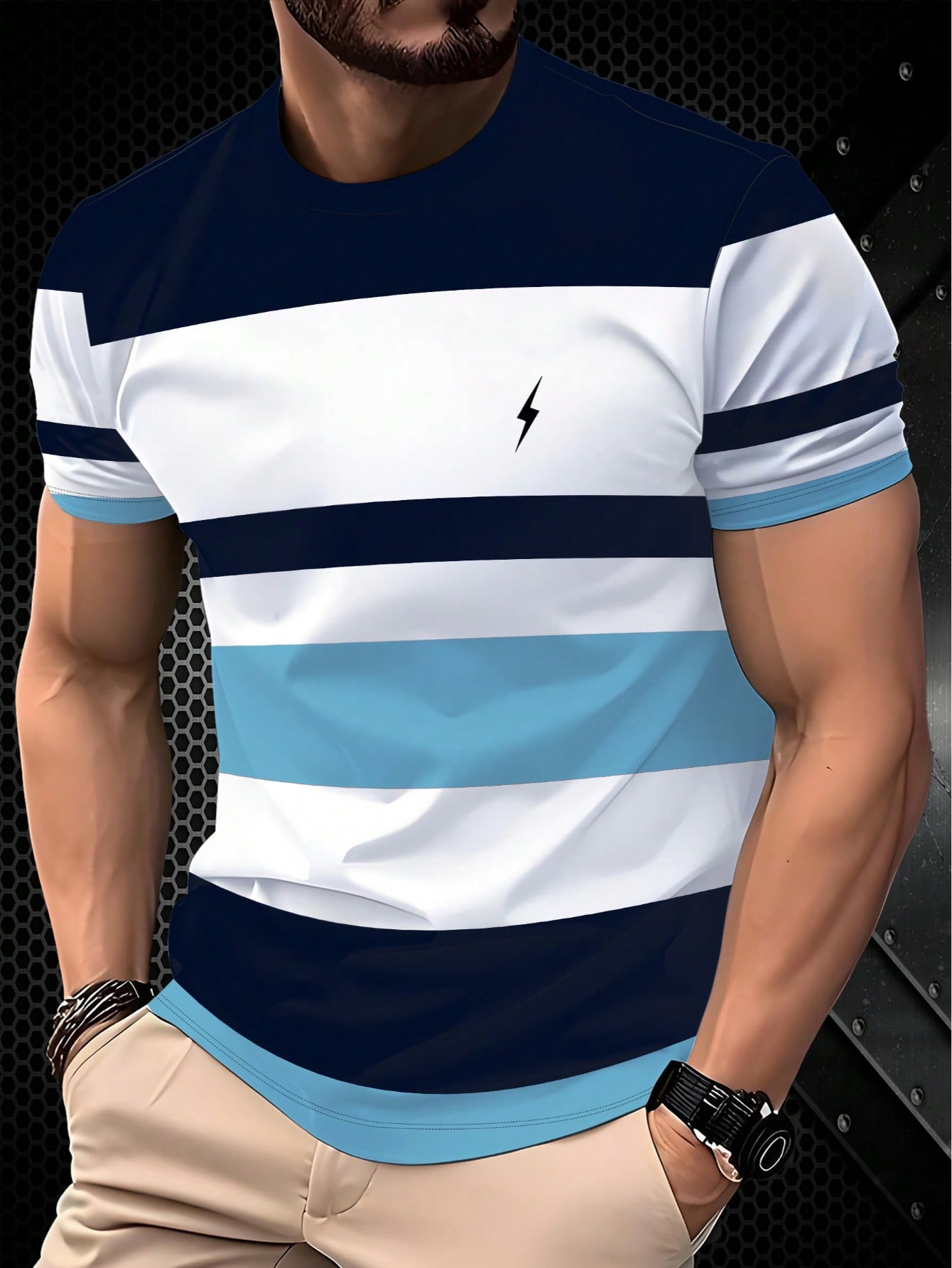 Men s Casual Round Neck 3D Striped Lightning Print T-Shirt, Breathable And Comfortable, Suitable For Summer S