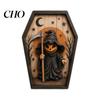 Scary Fireplace Mantel Decorations Halloween Coffin-Shape Wooden Sign Decor, Pumpkin Skeleton Ghost Owl Retro Punk Style Interior Decor Patterns,