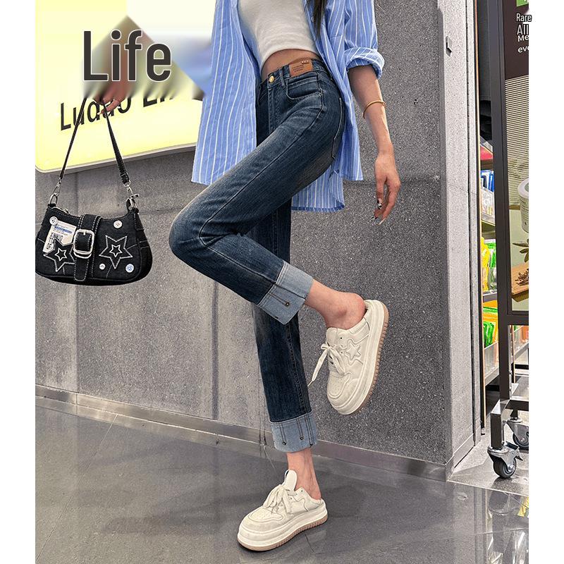 

Женские черные джинсы с высокой посадкой и прямыми штанинами на осень/зиму 2025 - Универсальные джинсы-сигареты для миниатюрных L синий