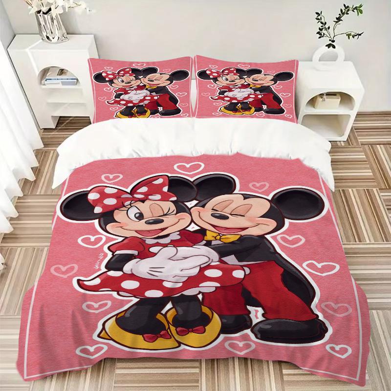 3pcs Pink Minnie Mickey Quilt Cover Set (1 Quilt Cover + 2 Pillowcases Without Pillow Core), High-Definition Printing for Home and Dormitory.S075