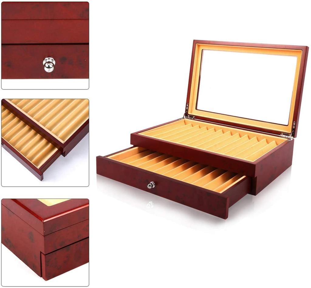 ybaymy Wooden Fountain Pen Case with 2 Drawers and Glass Luxury Pen Storage Case for Fountain Pen Collections 23-Piece Window,