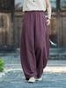 Johnature Vintage Women Bloomers Pants Elastic Waist Solid Color Trousers Autumn Loose Embroidery Pockets Pants