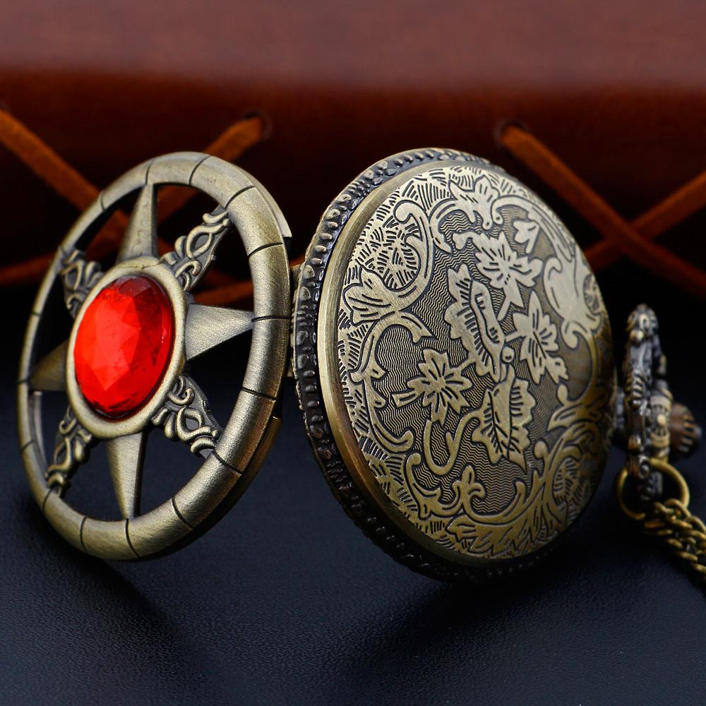 Magischer Rubin Pentagramm Quarz Taschenuhr Vintage Gentleman Stil Serie Halsketten Anhänger Uhr Gedenkgeschenk