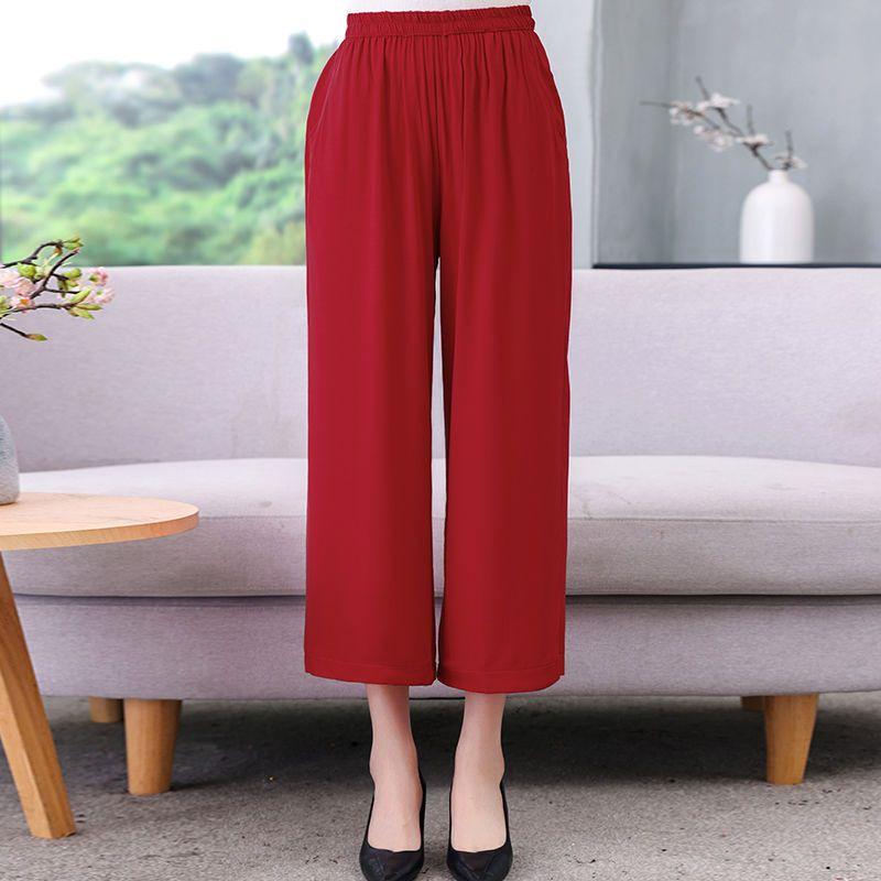Women's Plus Size Elastic Waist Cotton Silk Pants - High-Waisted, Loose, Solid Color, Straight-Leg, Summer Style for Middle-Aged & Elderly