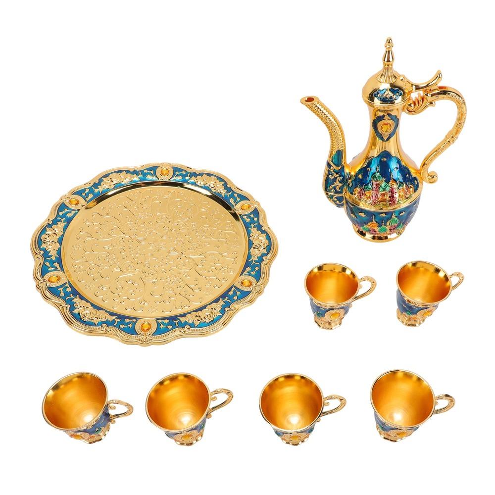 Zinc Alloy Turkish Coffee Pot Set Shiny Crystal Tray Metal Cup Set Tea Serving