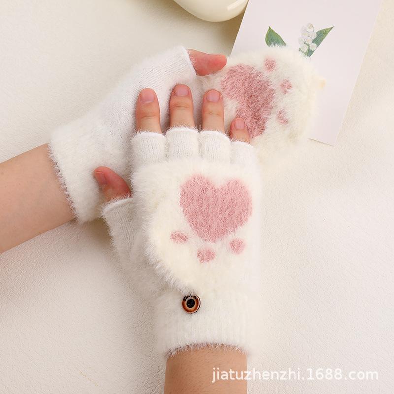 Korean Touchscreen Half Finger Cat Paw Flip Top Student Gloves Cold Proof Women Autumn Winter Fleece Knit Gloves