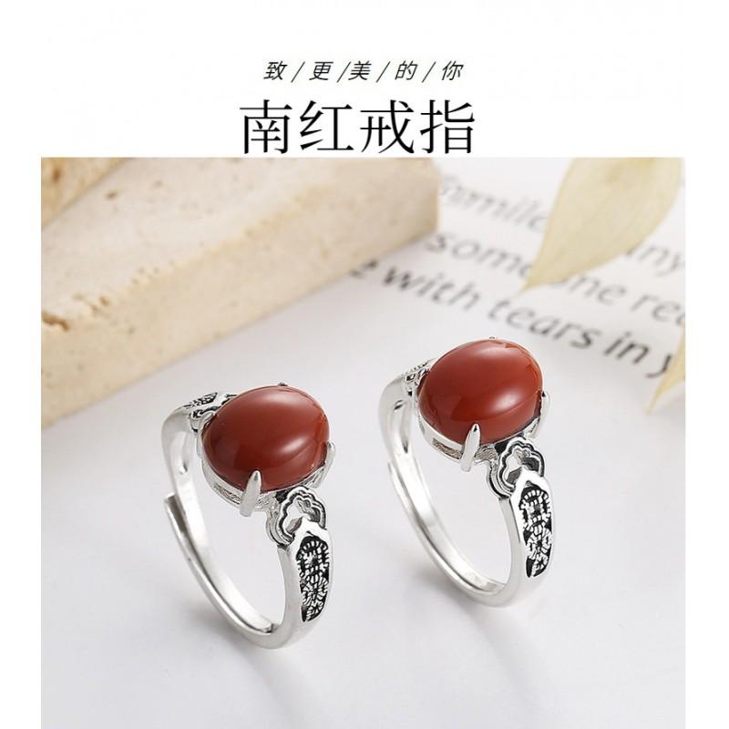 Adjustable Copper Ring With Red Agate Cabochon Motif Vintage Boho Jewelry Women Men