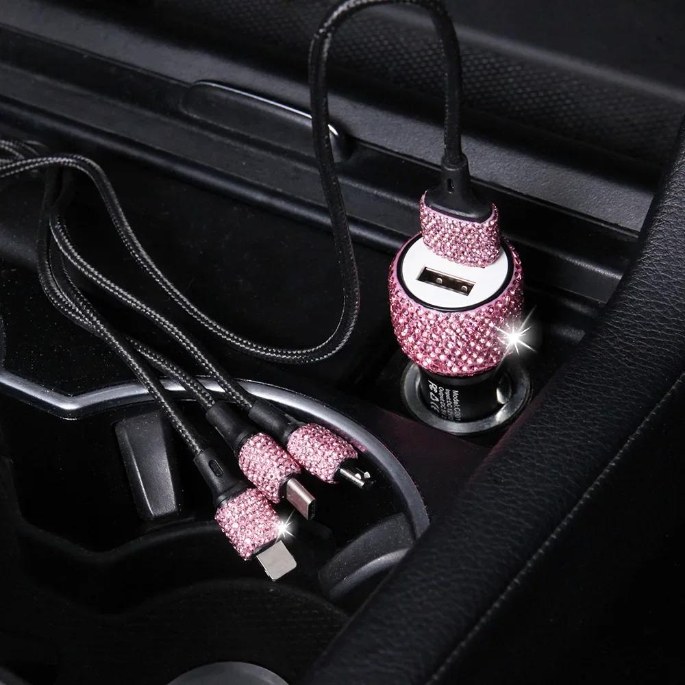 Bling USB Car Charger 5V 2.1A Dual Port Fast Adapter Pink Car Decor Car Styling Diamond Car Accessories Interior for Woman