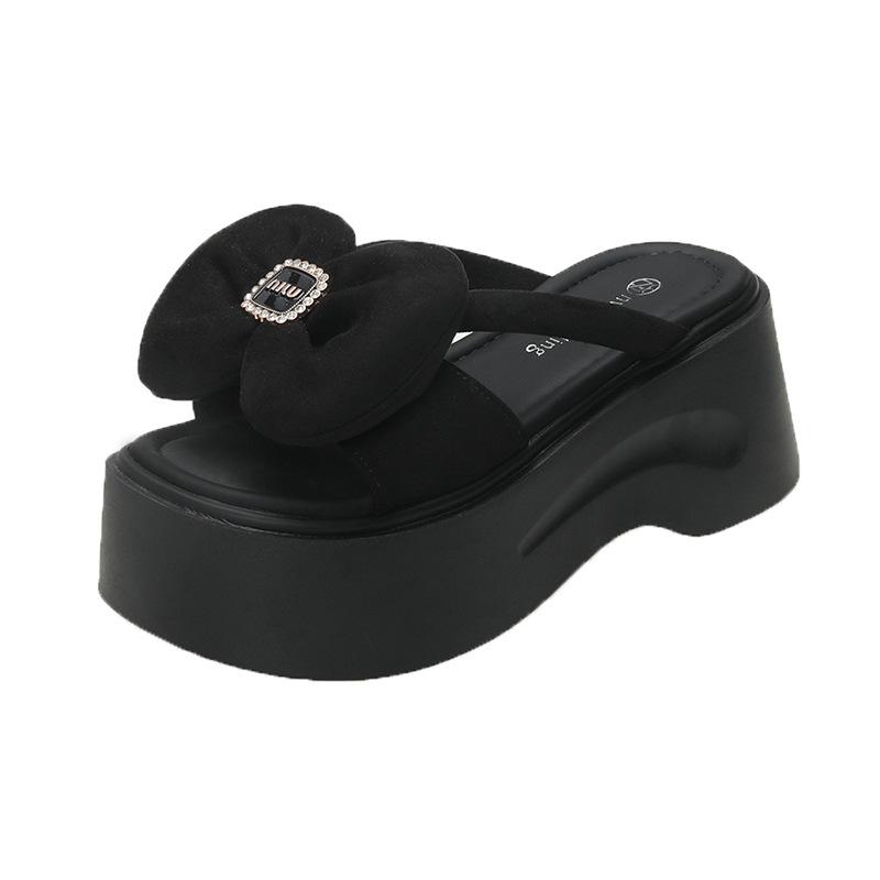 

2025 thick-soled cool slippers comfortable and fashionable outer wear bow open toe one-word drag non-slip Internet celebrity tide shoes women s shoes 39 чёрный