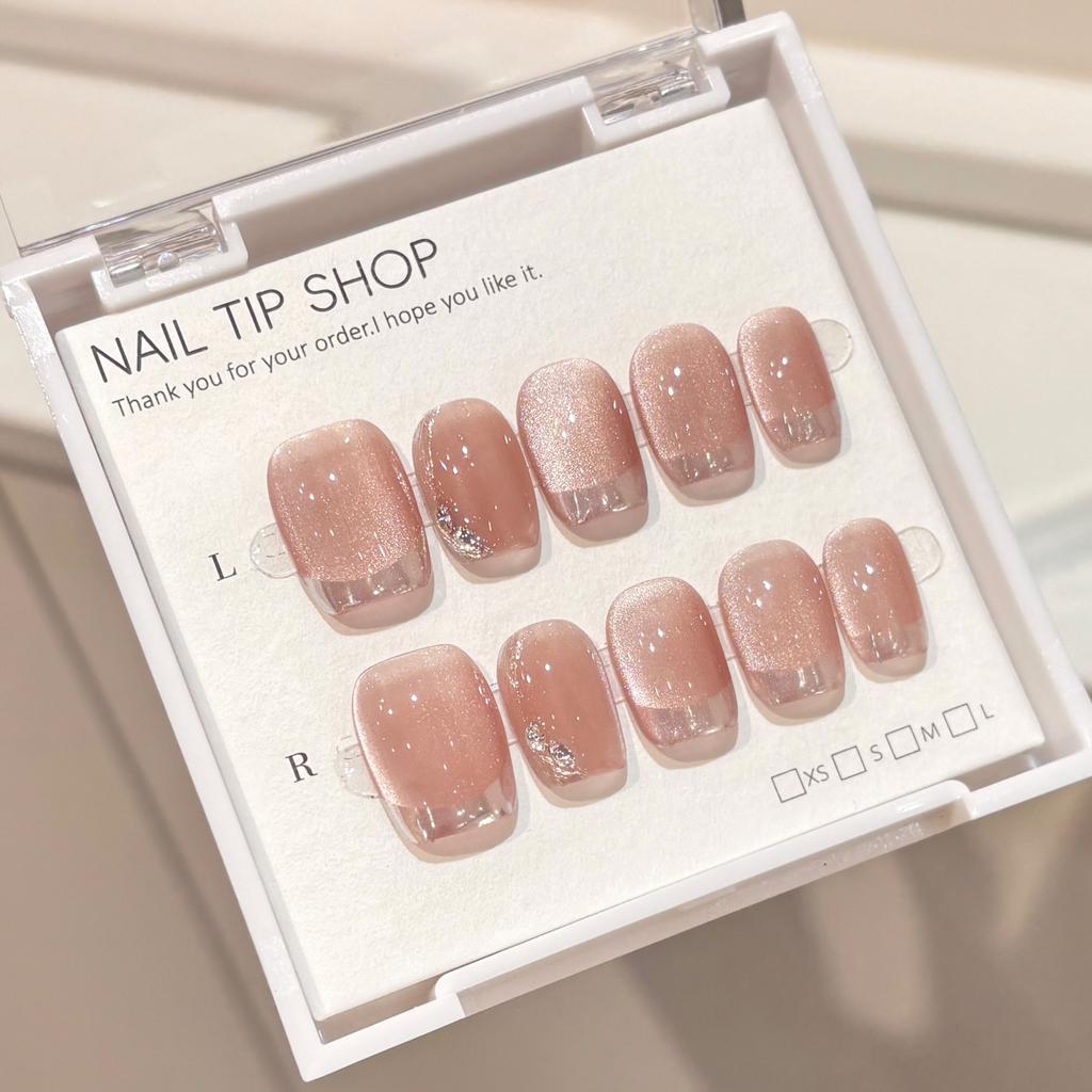 10Pcs Handmade Press on Nails Full Cover Shiny Cat Eye Art Short Square Ballerina False Nails with Jelly Glue Wearable Manicure