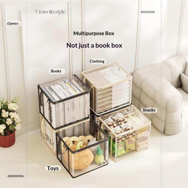 Clear Transparent Storage Box With Dustproof Lid And Portable Handles For Organizing Books Magazines Home Office Study