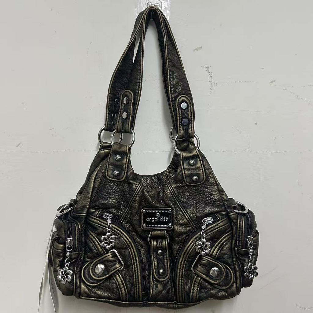 Angel Kiss Stil Retro Abgenutzte Leder Hobo Tasche, Edgy Y2K Umhängetasche Geräumige Schultertasche mit Mehreren Taschen für den Alltag