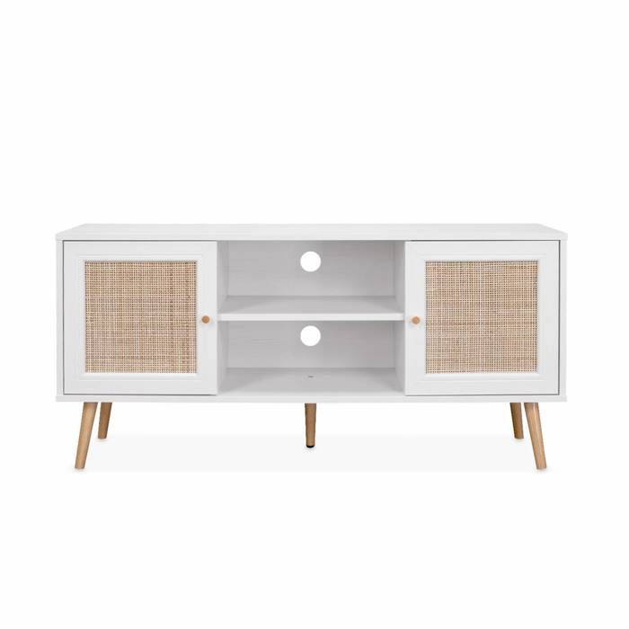 Meuble TV en cannage 120x39x56.5cm - Bohème - Blanc. 2 niveaux. 2 étagères. 2 portes. pieds scandinaves