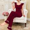 Damen Mode Über die Grenze Schlanke Passform Pyjama Set: Kurzarm-Oberteil & Lange Hose