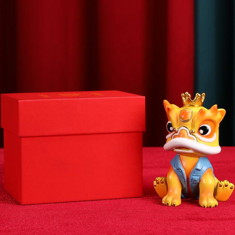 Chinese Lion Dance Mascot Ornament Traditional Dancing Lion Figurine Resin Decoration Figure with Gift Box