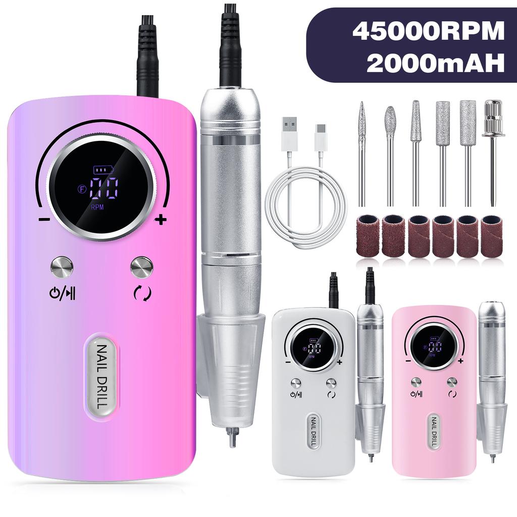 Professional Nail Drill Electric Nail File Manicure Pedicure Kit 45000RPM Portable with 6 Drill Bits for Salon and Home Use