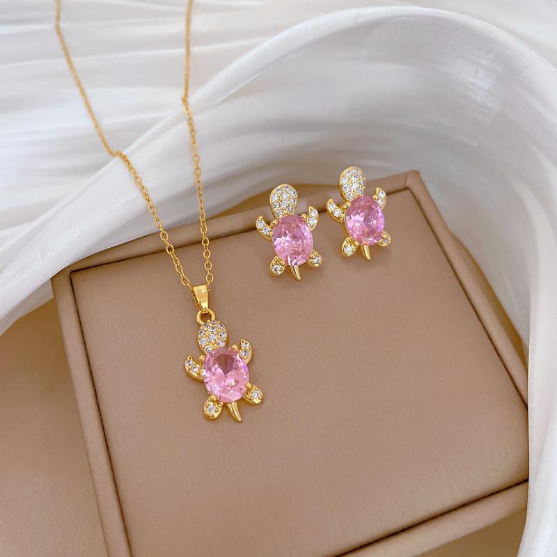 Light Luxury Cherry Flower Zircon Jewelry Sets Stainless Steel Chains Geometric Pendant Necklace Earrings Gifts For Women Girls