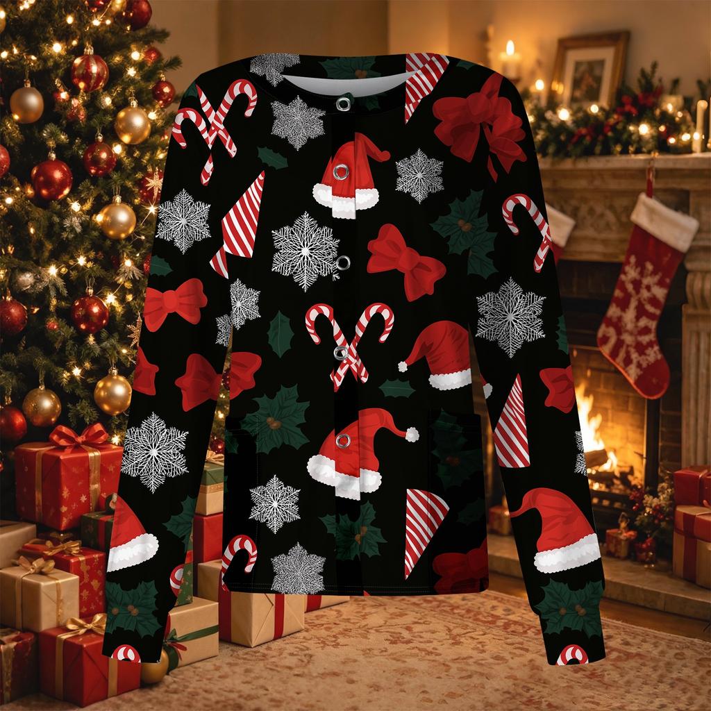 Women's Christmas Print Long Sleeve Caregiver Cardigan Top with Single-Breasted Button Front