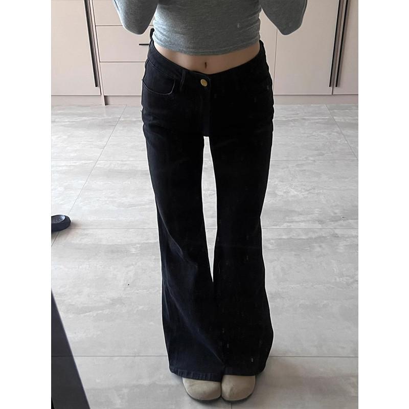 Damen Niedrige Taille Ausgestellte Jeans Lockerer Schnitt Japanischer Lässiger Uni Nicht Haftend Weite Bootcut Jeans