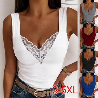 Damska letnia moda V Neck Tank Tops Casual Solid Color Lace bez rękawów Seksowne koszule Slim Tops