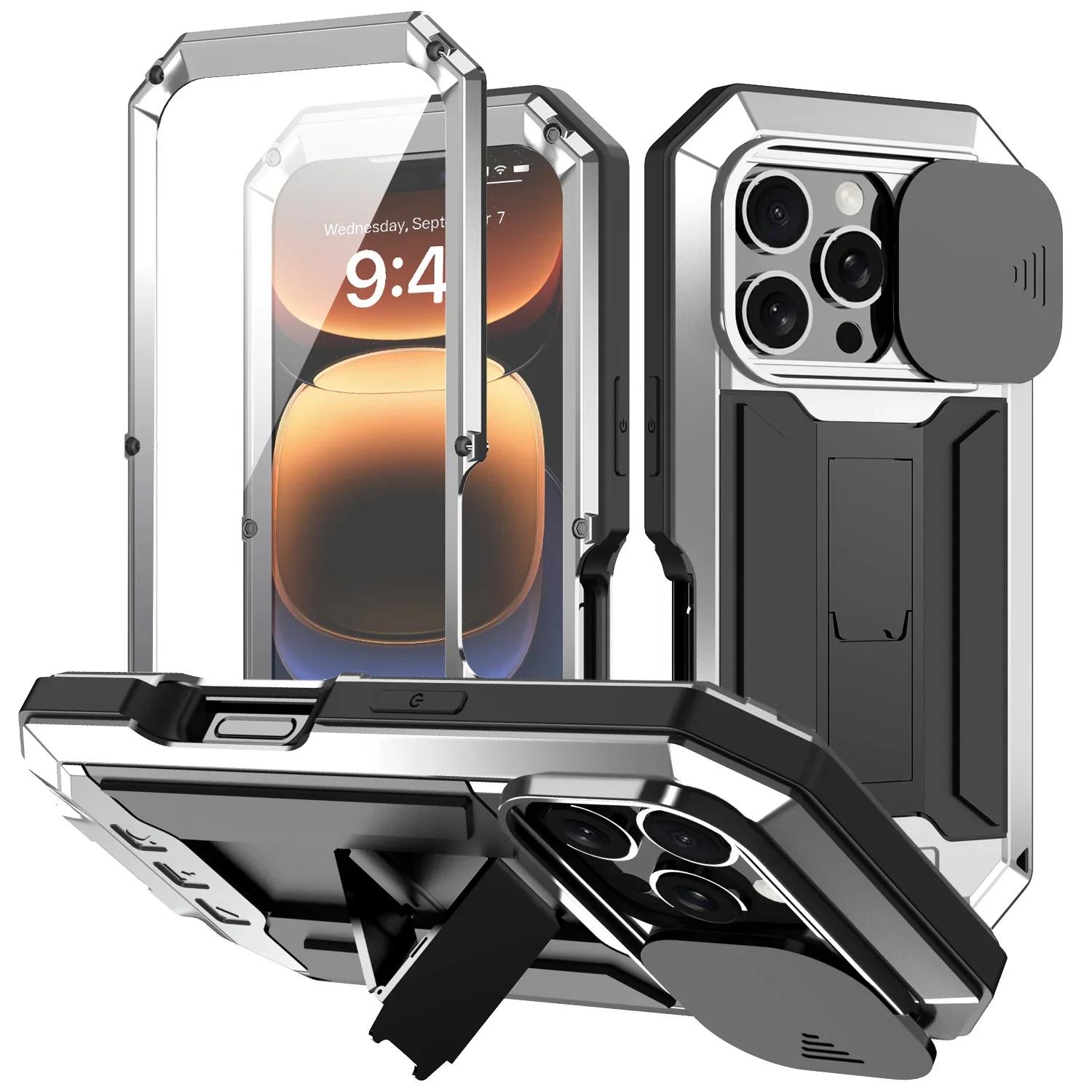 

Armor Metal Phone Case For iPhone 16e 16 15 14 Plus 13 Pro Max Built-in Kickstand Screen Lens Protection Shockproof Guard Cover For iPhone 16e&Case & Camera Protector срібний