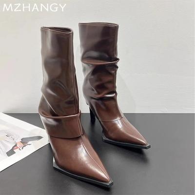 Fashion Women Leather Mid Calf Boots Pointed Toe Elegant High Heels Shoes 2024 Trend Winter Chelsea Boots Sexy Pumps New Mujer Botas