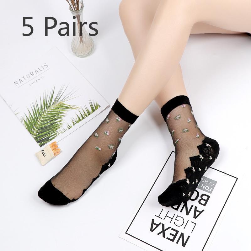5 Pairs of Women's Spring and Summer Plus Cotton Bottom Floral Mesh Non Slip Crystal Silk Mid Tube Socks