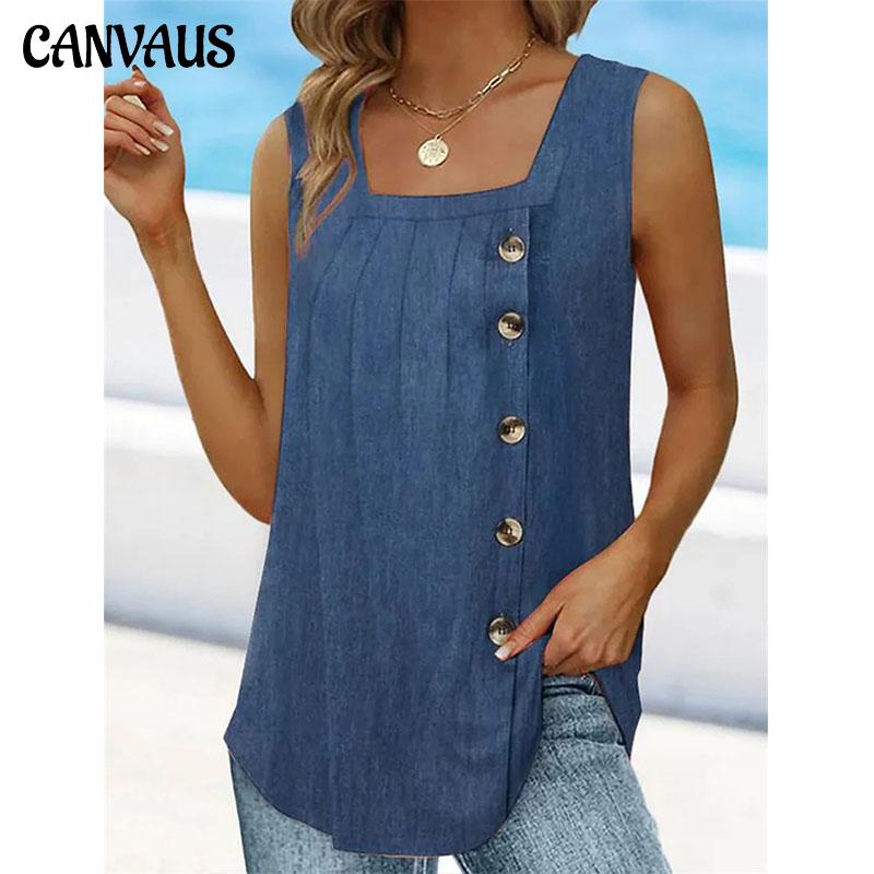 Regatas femininas de verão plissadas gola quadrada sem mangas botão colete