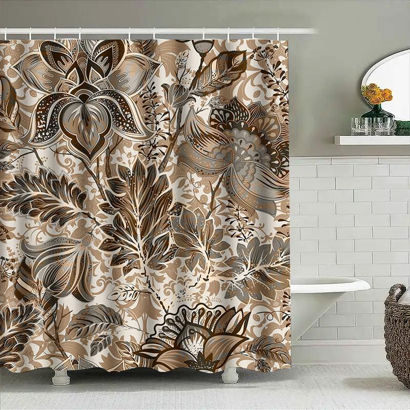 Luxury Floral Print Shower Curtain Waterproof Fabric, Neutral Color Matching Bath Decor For Bathroom Decorations Various Sizes A