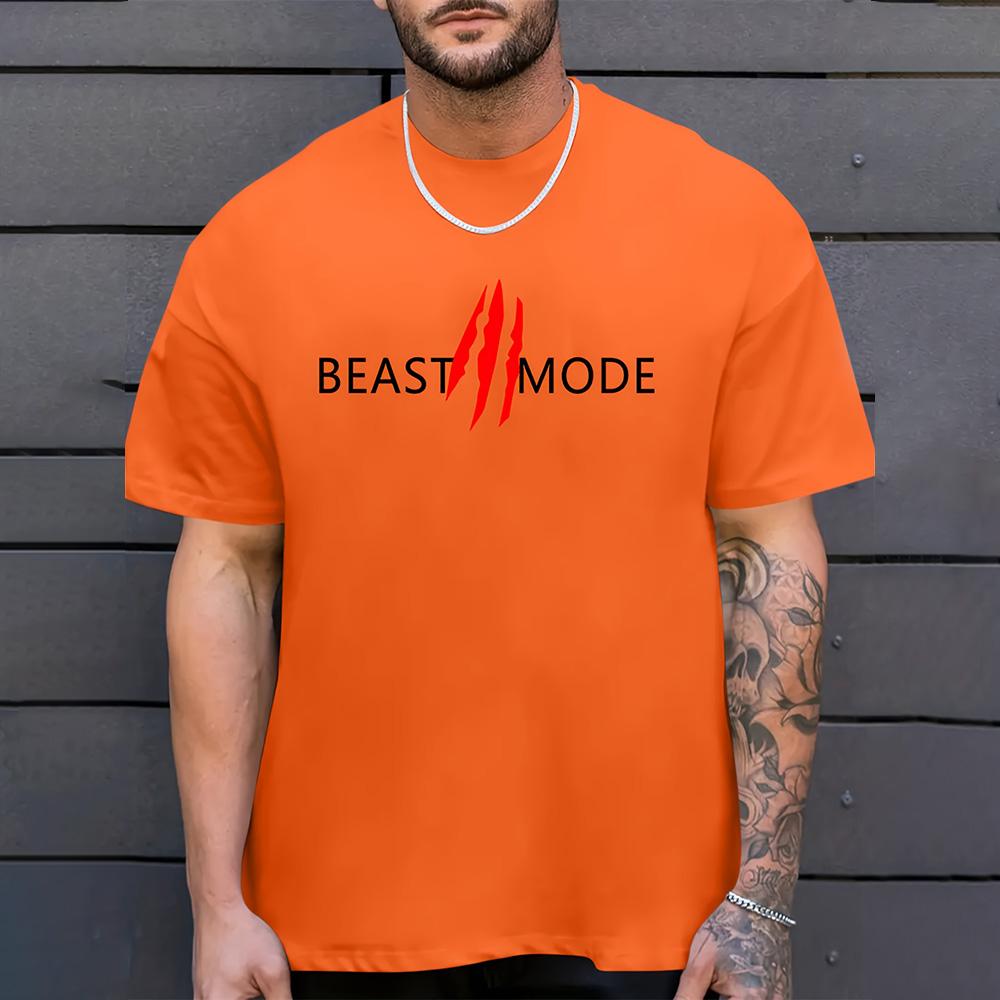 2025 New Hipster Men's Clothing Fashion Beast Mode Letter Print Short Sleeve Top Plus Size Loose T Shirts Menswear Sportswear