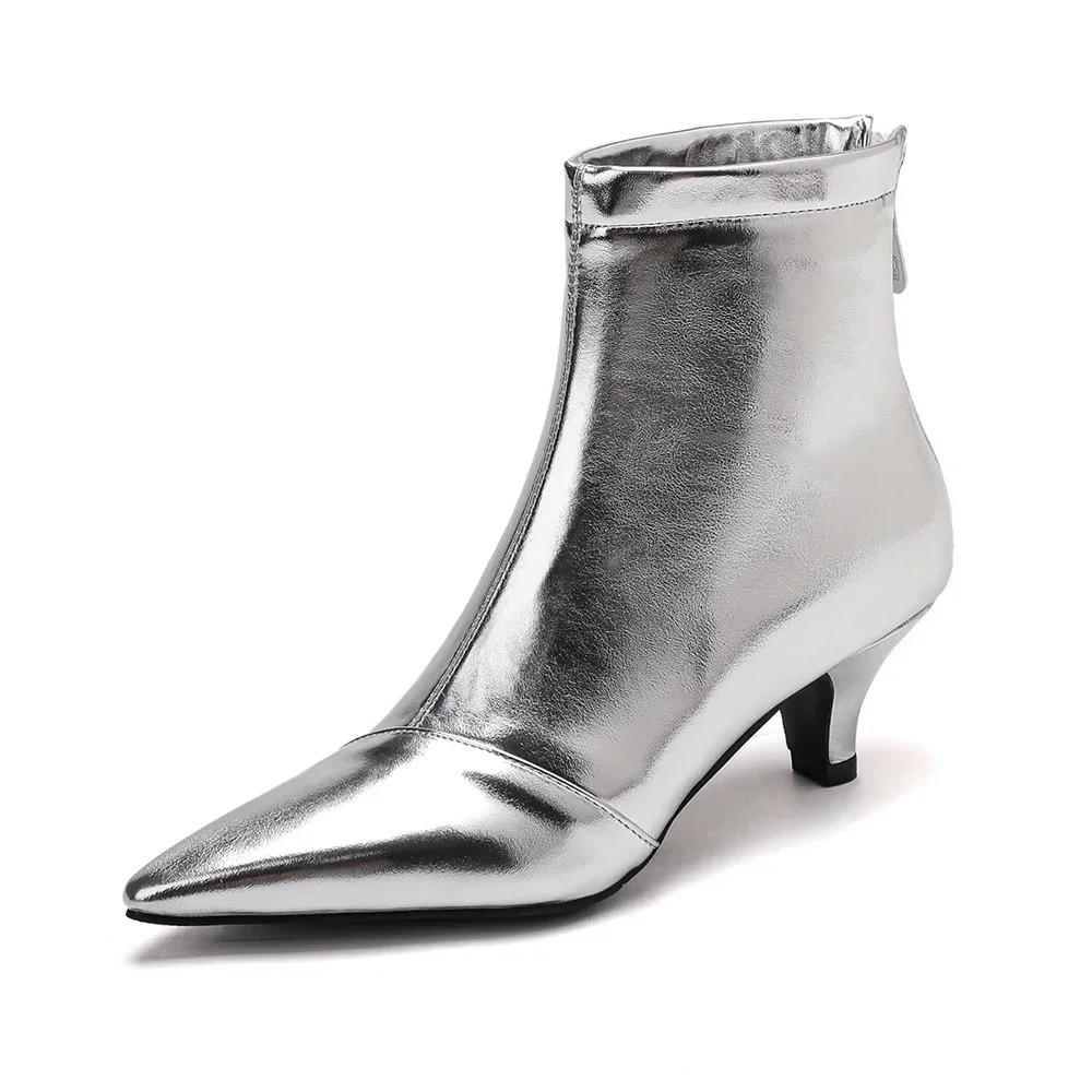 Fashion New Gold Silver Stilettos Ankle Boots PU Leather Women Pointed Toe Low Heel Short Boots Sexy Women Zip Booties Feminim32-46