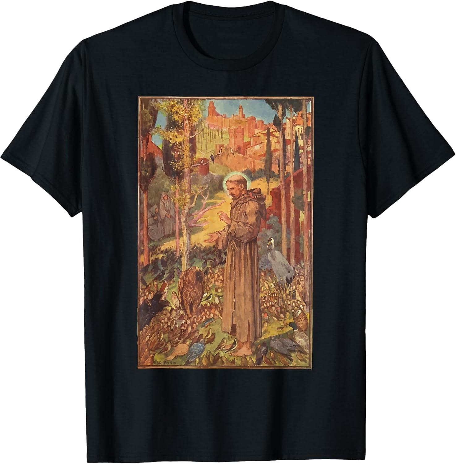St Francis Of Assisi Art Patron Saint Of Animals Catholic Tee - Made In Usa XXL
